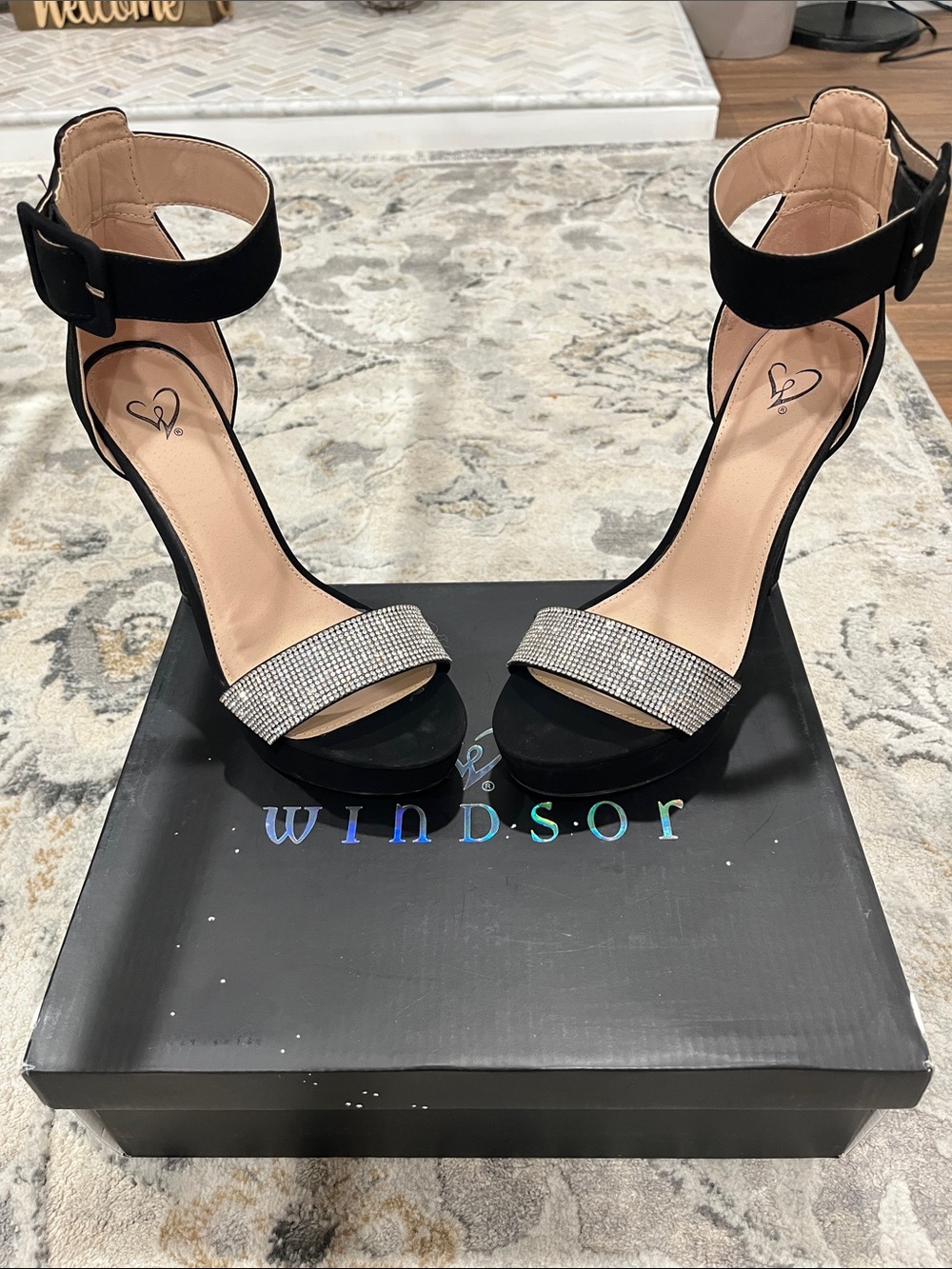 Windsor Black Ankle-Strap Heels with Rhinestone Toe Band